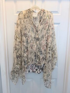 Johnny Was Sheer Cream Floral Sketch Button-Front Blouse